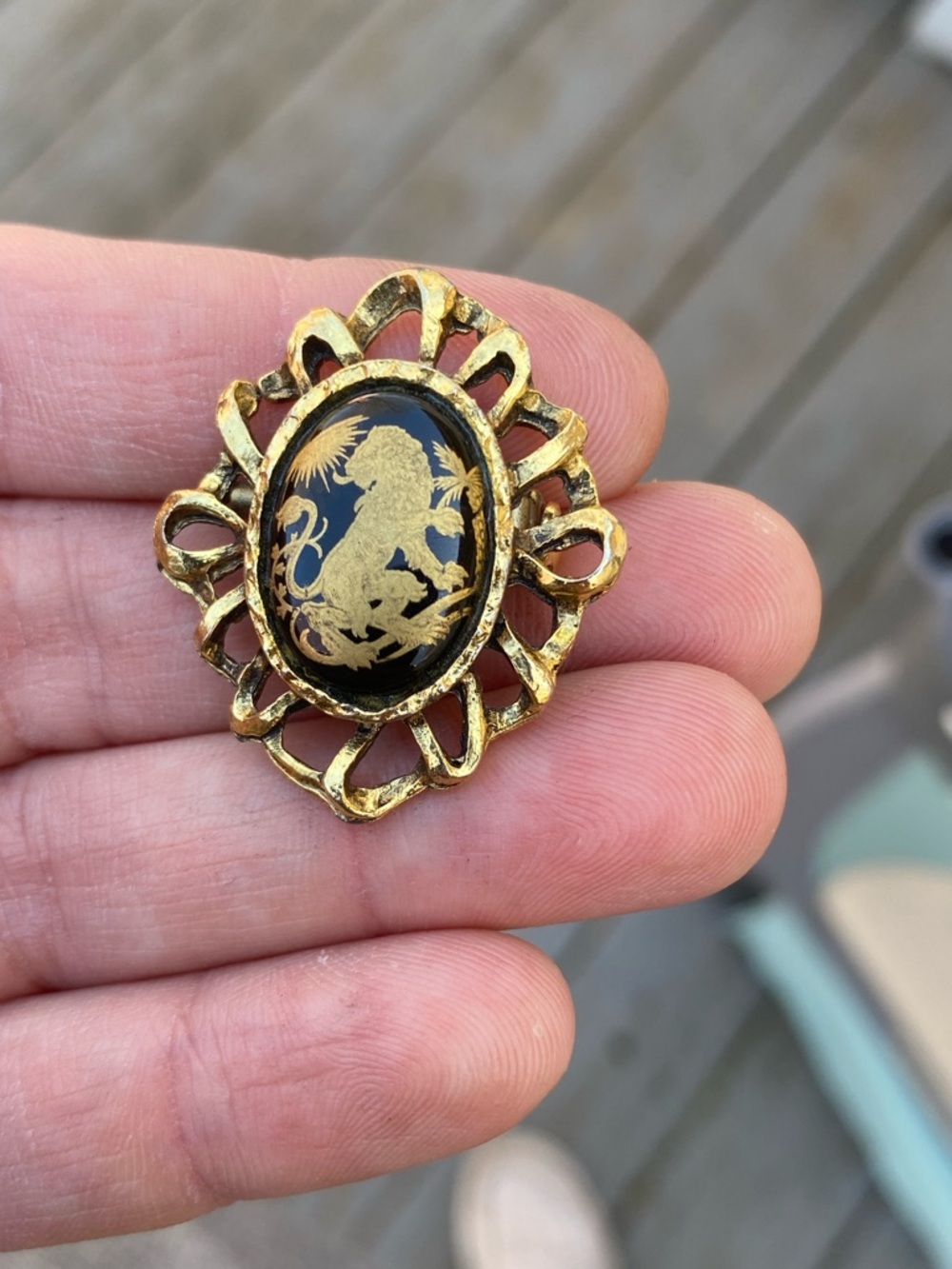 Vintage Gold Lion Dragon Motif Brooch with Black Enamel